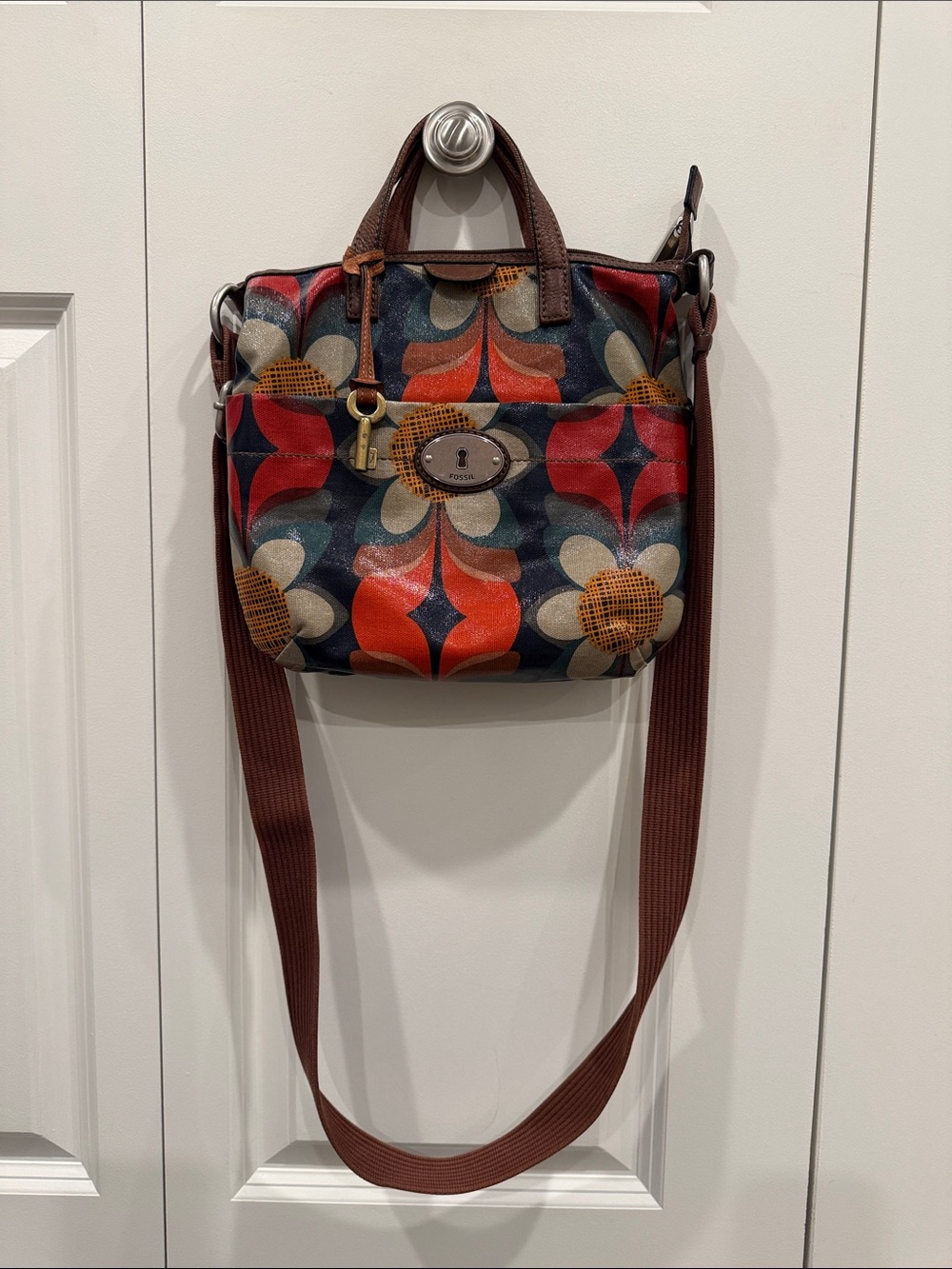 Fossil - Multicolor Floral Pattern Crossbody Tote - Brown Trim